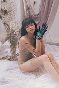 gants empiècement cuir pour femme bleu et vert