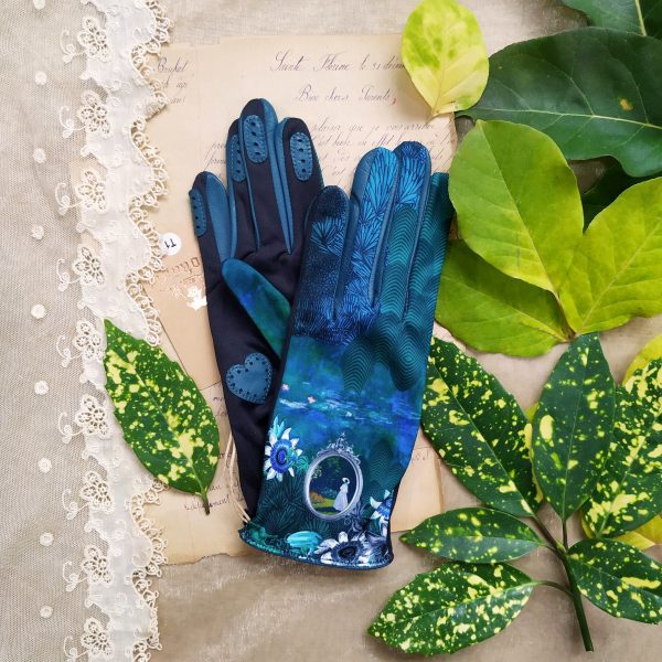gants empiècement cuir pour femme bleu