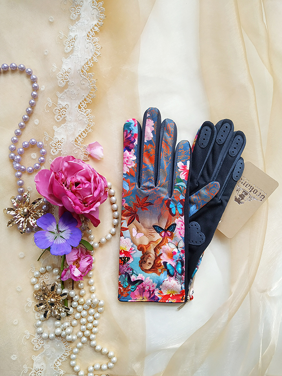 gants empiecements cuir pour femme bleu et rose