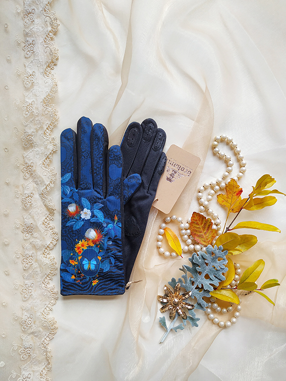 gants empiecements cuir pour femme bleu