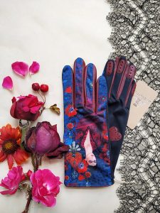 gants empiecements cuir pour femme bleu et rouge