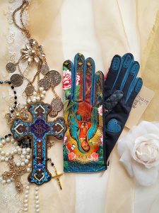 gants empiecements cuir pour femme bleu