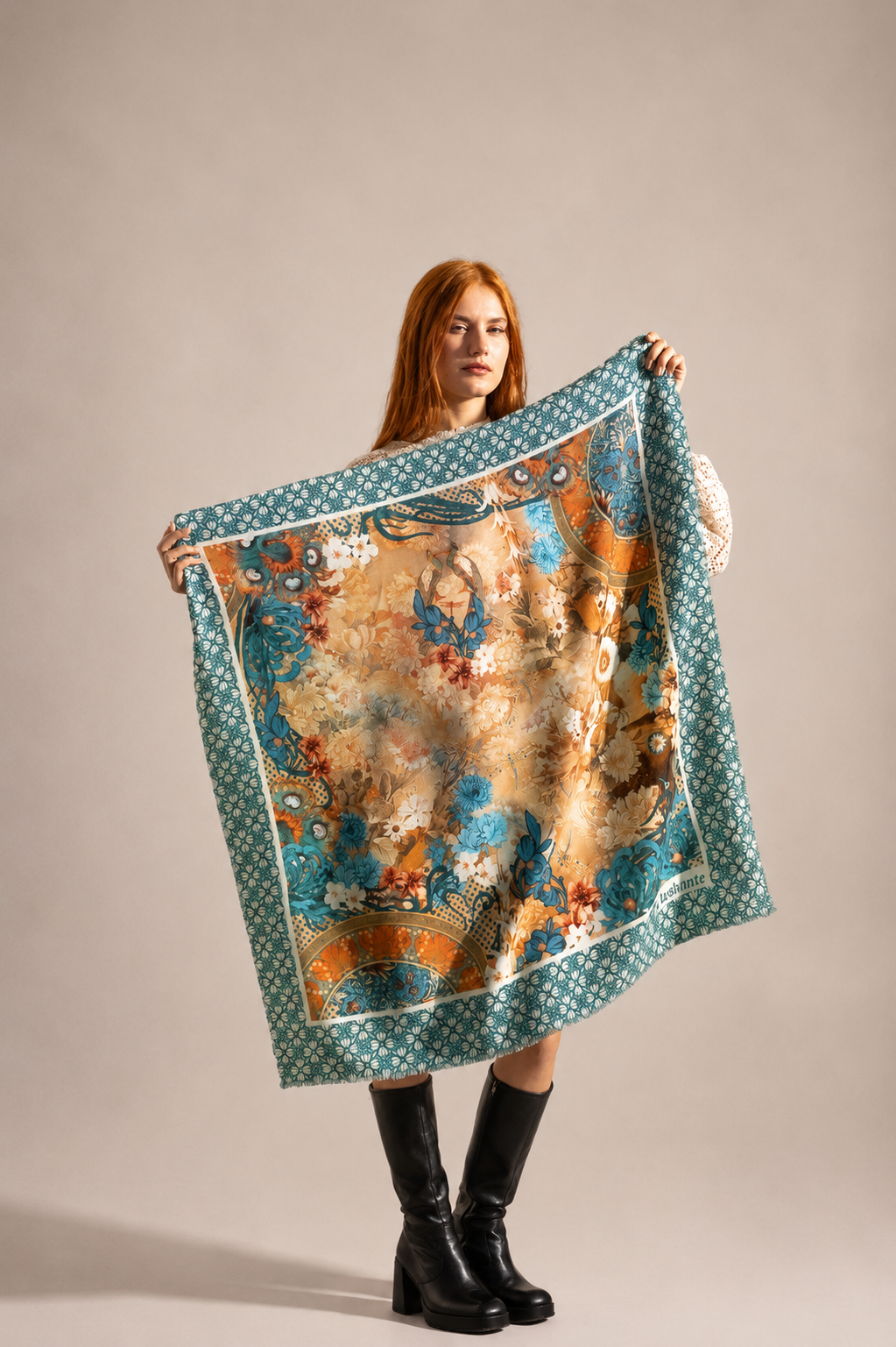 carré cachemire CAMÉLIA SÉPIA 90x90cm – Image 2
